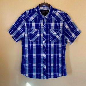 Surplus Men's Western, short sleeve blue plaid shirt, Size Large